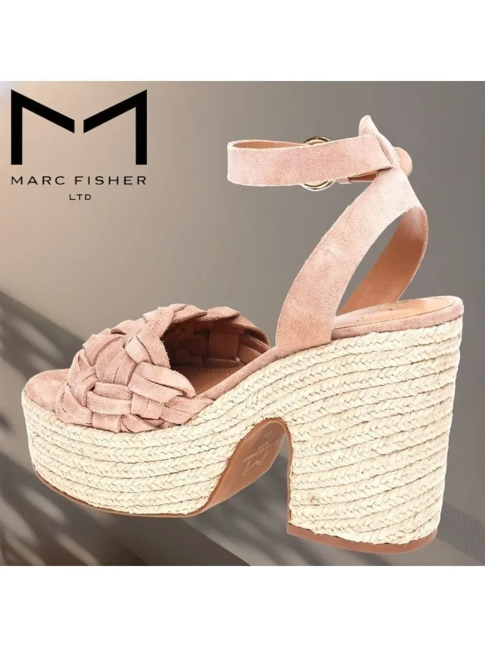 MARC FISHER Odilia Leather Upper Jute-Wrapped Platform Espadrille Wedge Sandals